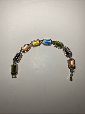 Multicolor Rectangular Stone Link Bracelet - Silver Tone
